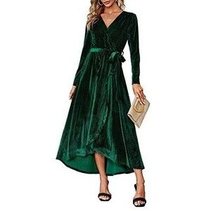 Women's Semi Formal Velvet Wrap Dress Prom Cocktail Short Sleeve Swing Long XL
